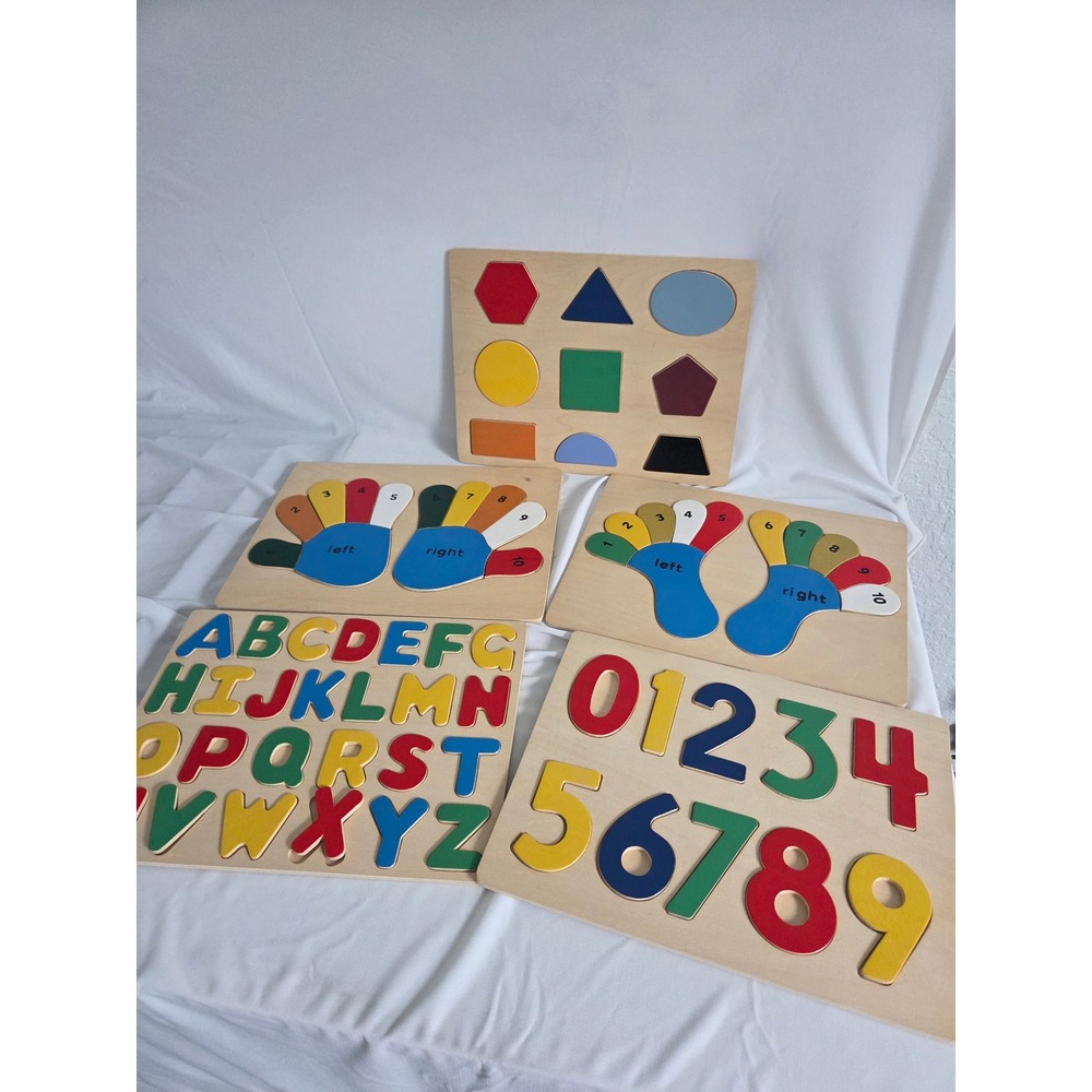 New 5 Piece Wooden Learning Puzzle Set, Alphabet Numbers Shapes Hands and Feet